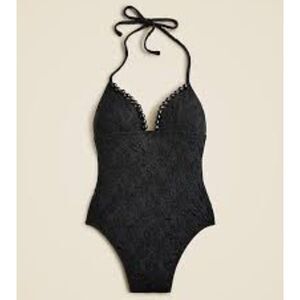 J.CREW NWT Swimsuit sz18 Black Cloque One Piece Beaded Trim Tie Neck Open Back
